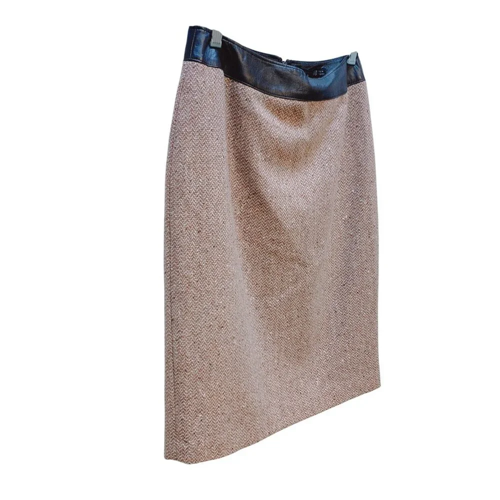 Lafayette 148 NY Tan Brown Tweed Pencil Skirt Faux Leather Waistband 2 - Picture 3 of 4